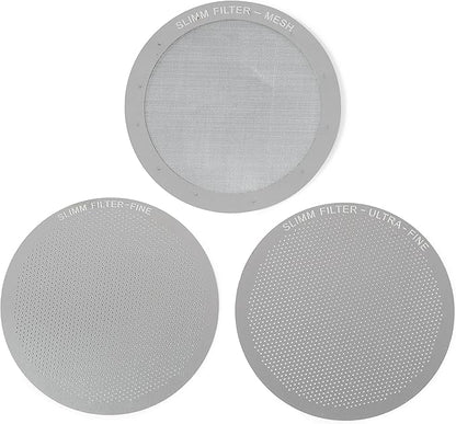 Reusable Filter Set by Slimm Filter - 3 Piece, Stainless Steel Metal - Mesh, Fine, Ultra-Fine Metal Filter For AeroPress Coffee and Espresso Maker - Brew Barista-Grade Coffee At Home