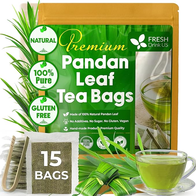 FreshDrinkUS, Premium 15 Pandan Leaf Tea Bags, 100% Natural & Pure from Pandan Leaves. Loose Leaf Pandan Herbal Tea. Made with Natural Material Tea Bags. No Sugar, No Caffeine, No Gluten, Vegan. (15 Tea bags)