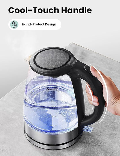COMFEE' Glass Electric Tea Kettle & Hot Water Kettle Electric, 1.7L Electric Kettle with LED Indicator, 1500W Fast Boil, Auto Shut-Off and Boil-Dry Protection