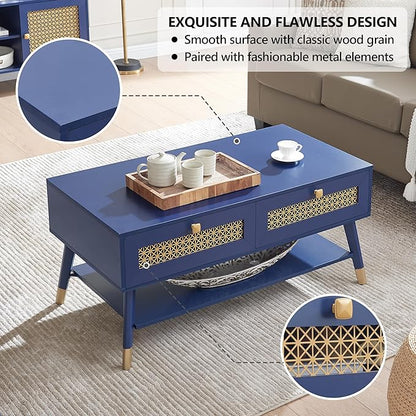 JYED Mid Century Wood Modern Coffee Table with Metal Mesh Decorated Storage Drawers,Blue Accent Center Table with Open Shelf,Rectangular Table for Living Room