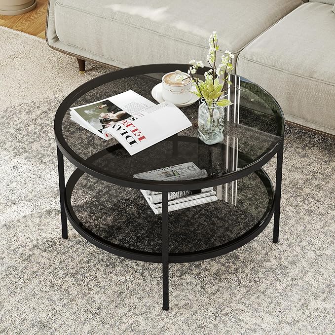 Yusong Round Glass Coffee Tables for Living Room, 2-Tier Circle Coffee Table with Storage, 26" Modern Center Accent Table with Light Black Glass, Small End Table for Small Space, Bedroom