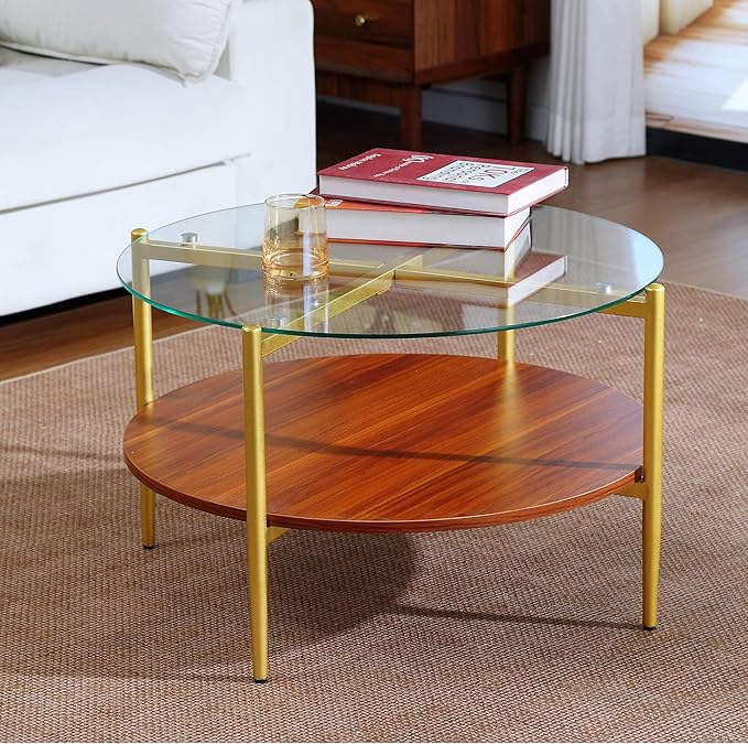 Round Glass and Wood Coffee Tables for Living Room, Mid Century Center Table with Clear Glass Top, Solid Brown Storage Shelf and Sturable Gold Legs for Small Space, Office, Department