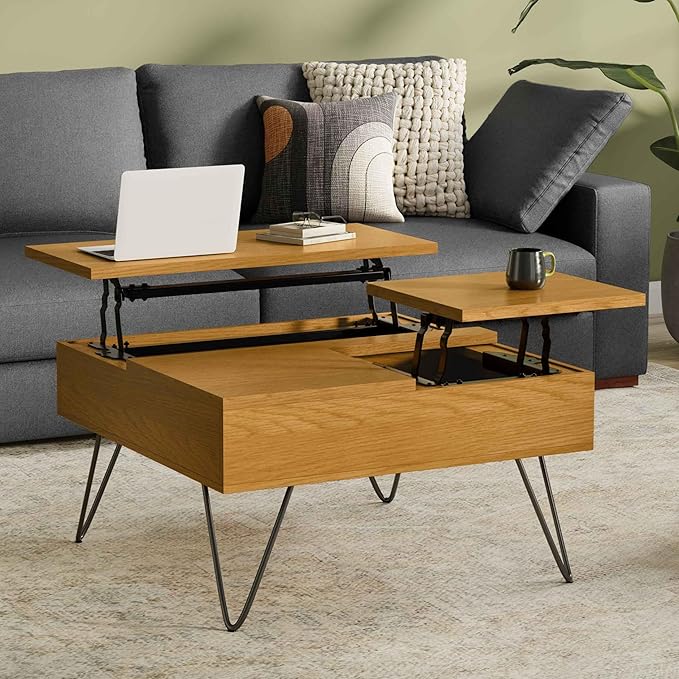 SIMPLIHOME Hunter Lift Top Coffee Table - 32 inch Wide Oak Veneer and Metal Industrial Square Lift Top Cocktail Table in Oak, Living Room Table with Dual Lift Tops, Hidden Storage and Hairpin Legs