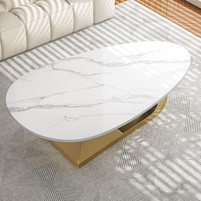 Marble Grain Coffee Table with Gold Stainless Steel Pedestal,Modern Coffee Tables,Oval Living Room Table with Faux Marble Top & Luxury Legs,Sintered Stone Cocktail Center Table,51.20inch