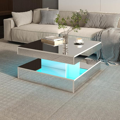 LED Coffee Table with Lights for Living Room Modern Mid Century Square Small Center Table with Storage Shelf Mirror Effect 2-Tier Apartment Office Bedroom Waiting Room Reception, Pet