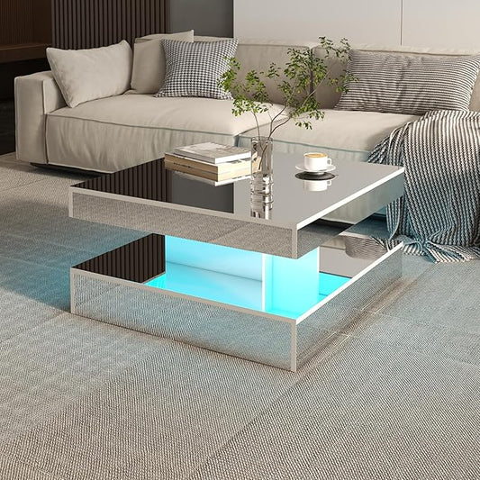 LED Coffee Table with Lights for Living Room Modern Mid Century Square Small Center Table with Storage Shelf Mirror Effect 2-Tier Apartment Office Bedroom Waiting Room Reception, Pet