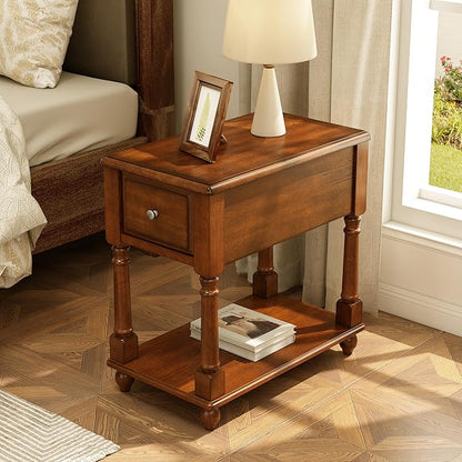 PADMA HOUSE Solid Wood Narrow End Table with Drawer, Vintage Rectangle Sofa Side Table with Storage Shelf Mid-Century Apartment Slim Bedside Table for Small Spaces,13 * 22 * 22.3in