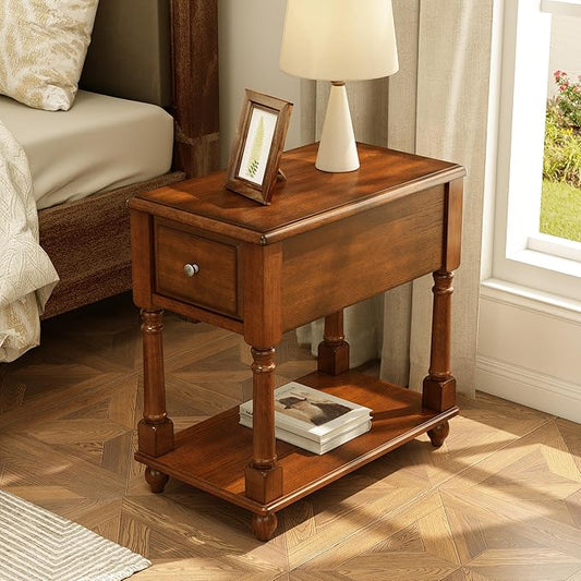 PADMA HOUSE Solid Wood Narrow End Table with Drawer, Vintage Rectangle Sofa Side Table with Storage Shelf Mid-Century Apartment Slim Bedside Table for Small Spaces,13 * 22 * 22.3in