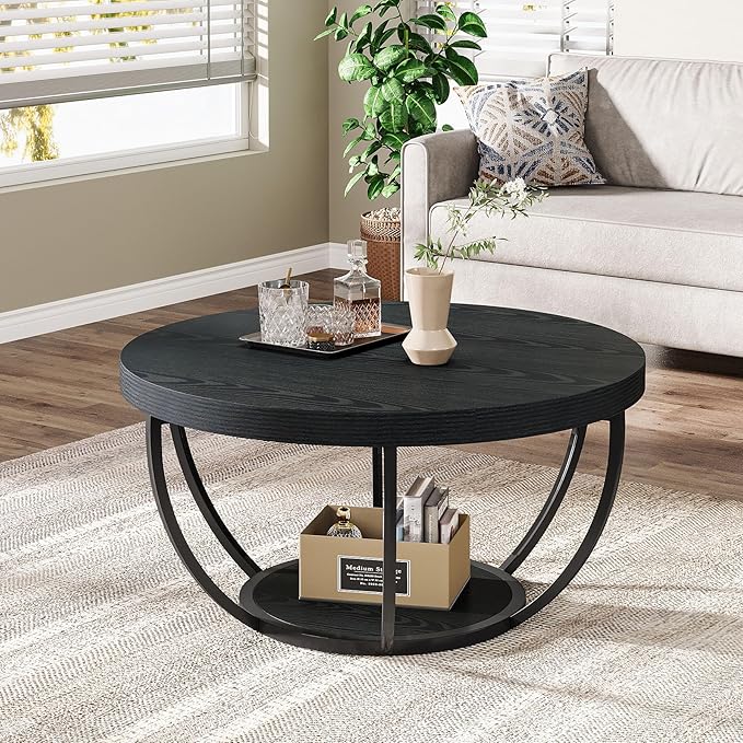 Tribesigns Black Round Coffee Table, 31.7" Modern 2-Tier Circle Coffee Table with Storage Shelves, Accent Cocktail Table Center Table for Living Room