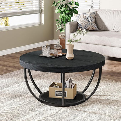 Tribesigns Black Round Coffee Table, 31.7" Modern 2-Tier Circle Coffee Table with Storage Shelves, Accent Cocktail Table Center Table for Living Room
