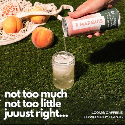 Marquis - Natural Energy Drink - Lychee Peach - Sugar Free - 0 Calories - 100mg of Organic Plant Based Caffeine - Yerba Mate - Green Tea - Vitamin C & B Vitamins - Vegan - 12 oz Cans - 12 Pack