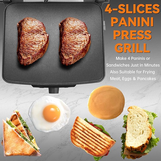 Baker's Friend Panini Press Electric Griddle, Panini Grill Press Sandwich Maker Press, Grilled Cheese Maker, Sandwichera Electrical, Browning Control, Non Stick Surfaces, 4-Slices, Stainless Steel