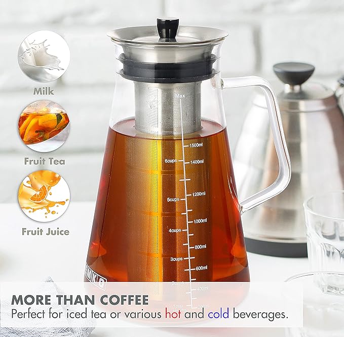 Aquach Airtight Cold Brew Coffee (Iced Tea) Maker 51oz/1.5L, BPA-Free, Durable Borosilicate Glass Pitcher and Stainless Steel Fine-Mesh Filter, Dishwasher Safe, Spill-proof, 6 Cups Capacity