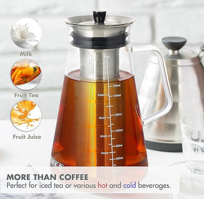 Aquach Airtight Cold Brew Coffee (Iced Tea) Maker 51oz/1.5L, BPA-Free, Durable Borosilicate Glass Pitcher and Stainless Steel Fine-Mesh Filter, Dishwasher Safe, Spill-proof, 6 Cups Capacity