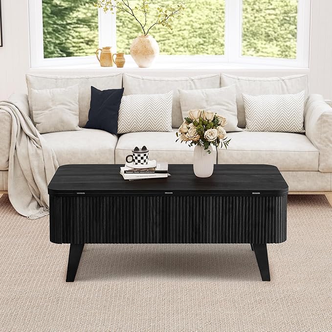 3 in 1 Lift Top Coffee Table, Fluted Convertible Coffee Tables Converts to Dining Tables, Modern Oval Wooden Center Table with Storage for Living Room Office Small Space, Partial Assembly (Black)