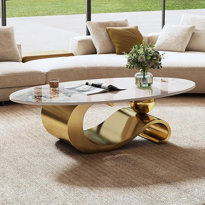 Marble Grain Coffee Table with Gold Stainless Steel Pedestal,Modern Coffee Tables,Oval Living Room Table with Faux Marble Top & Luxury Legs,Sintered Stone Cocktail Center Table,49.2 inch