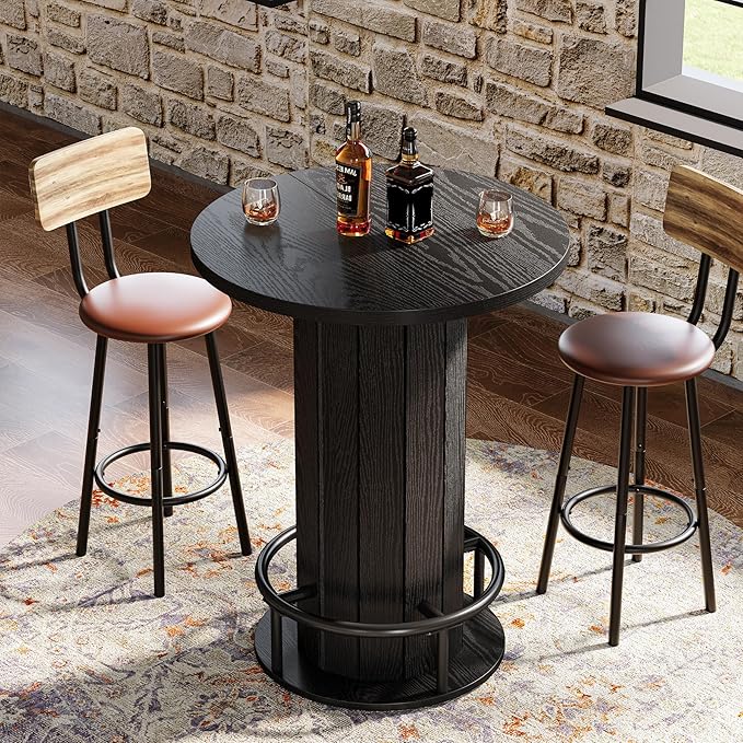 Tribesigns Round Bar Table, 39.4" H Wood Bistro Pub Table with Metal Ring Footrest for Dining Coffee Cocktail Living Room, Small Space, Black(Only Table)