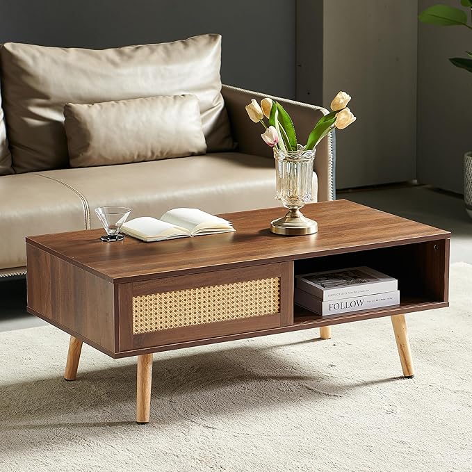 Mid Century Modern Coffee Table with Storage, 41.3 Inch Rectangle Wooden Accent Center Tables with Sliding PE Rattan, Woven Door Panel and Solid Wood Legs, Suitable for Living Room, Apartment