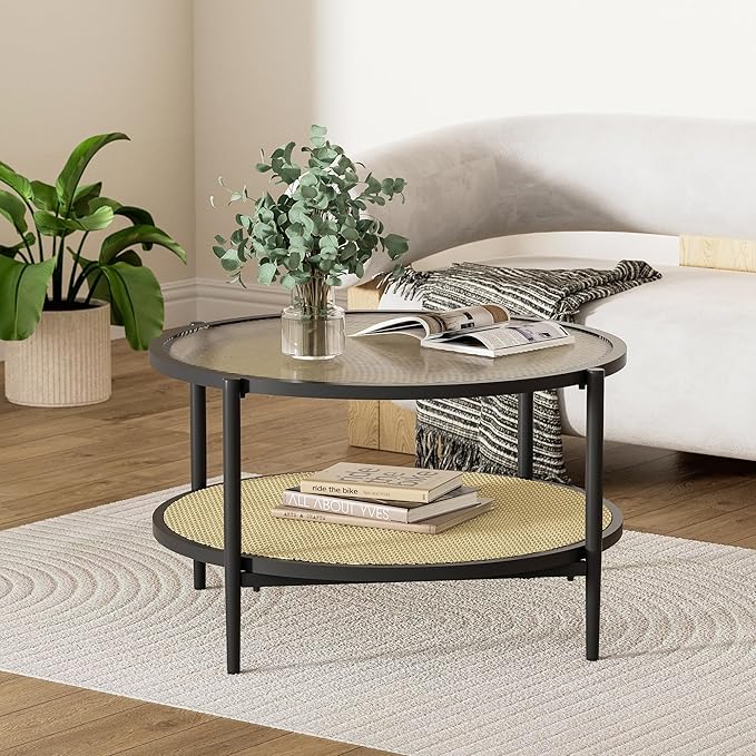 29.5" Round Coffee Table, Black Rattan & Glass 2-Tier Modern Boho Side Table for Living Room, Mid Century Accent Table with Lower Shelf 29.5" D x 16.5" H