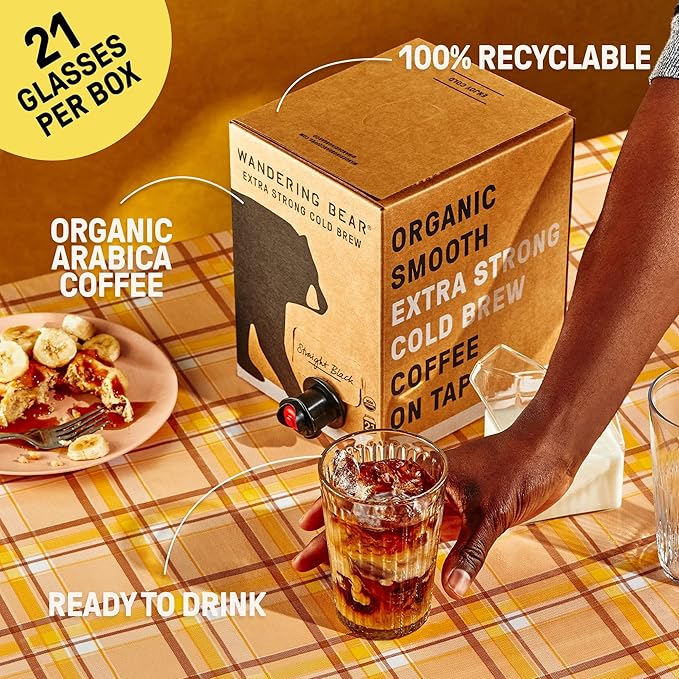 Wandering Bear Straight Black Organic Cold Brew Coffee On Tap, 128 fl oz (1 gallon) - Extra Strong, Bold, Smooth, Unsweetened, Shelf-Stable, Ready to Drink, 100% Organic Iced Cold Brewed Coffee Drinks