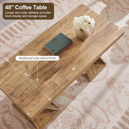 OKD Modern Coffee Table, 48" Twisted Center Table with Wood Thickened Pedestal, Rectangular Rustic Living Room Table, Farmhouse Storage Low Cocktail Tea Table,Golden Rustic Barnwood