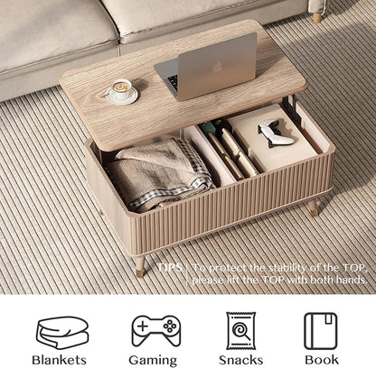 Lift Top Coffee Table with Storage Shelf & Hidden Compartment, Mid Century Modern Fluted Rectangle Dining Table for Living Room, Home Office, Natural Oak