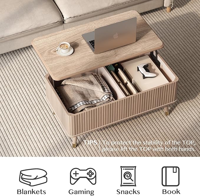 Lift Top Coffee Table, Mid Century Modern Coffee Table with Hidden Compartment, Fluted Lift Tabletop Center Table for Living Room, Home Office, Oak