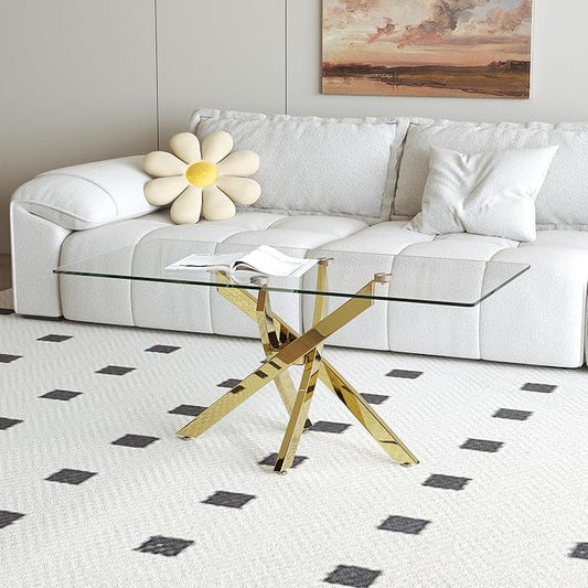 Tempered Glass Coffee Table with Chromed Legs, Rectangle Modern Living Room Table for Home Office Living Room (Gold, 40”x20”x17”)