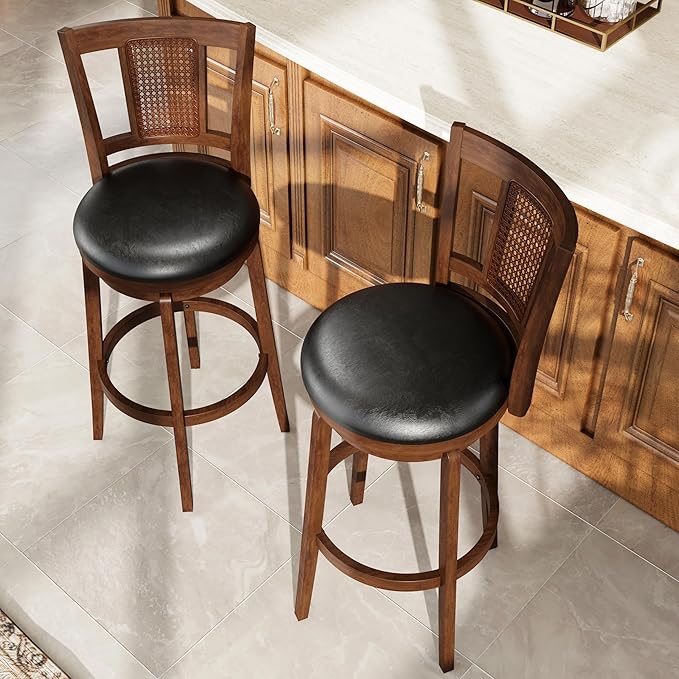 PHI VILLA 30 inch Bar Stools Set of 4, Swivel Barstools Faux Leather Barstool with Back, Wooden Bar Height Chairs, Kitchen Stools