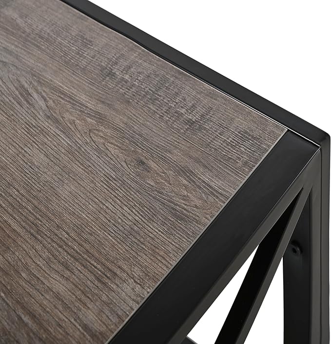 39" Glass Coffee Table Mordern Living Room Table with Black Metal Frame, Rectangle Tempered Glass Top & Rustic Wood MDF Storage Shelves, Industrial Style Grey