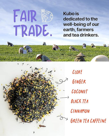 Kubo Tea, Coconut Chai Black Tea, Organic High Caffeine Blend, 20 Servings (155mg Caffeine each), Pyramid Tea Bags, Compostable & Biodegradable Packaging, Brew Hot or Iced, Healthy Coffee Substitute