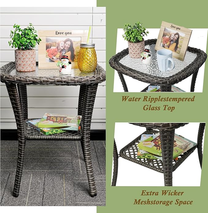 Outdoor Wicker Side Table,Double Rectangular Wicker Patio Table with Storage,All Weather Resin Rattan Patio Glass Coffee Desk for Garden,Backyard,Pool Indoor Companion