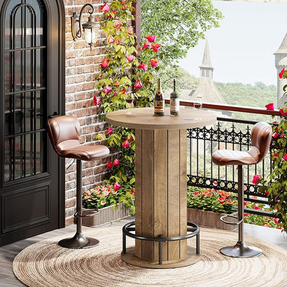 Tribesigns Round Bar Table, 39.4" H Wood Bistro Pub Table with Metal Ring Footrest for Dining Coffee Cocktail Living Room, Small Space, Light Brown(Only Table)