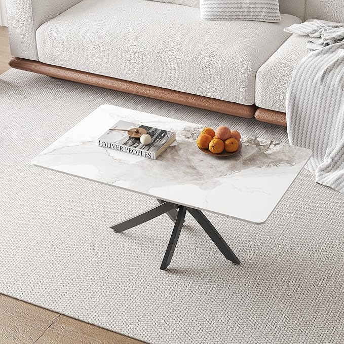 White Marble Coffee Table with Metal Legs, Rectangle Modern Sintered Stone Living Room Table for Home Office Living Room (40” x 20” x 17”)