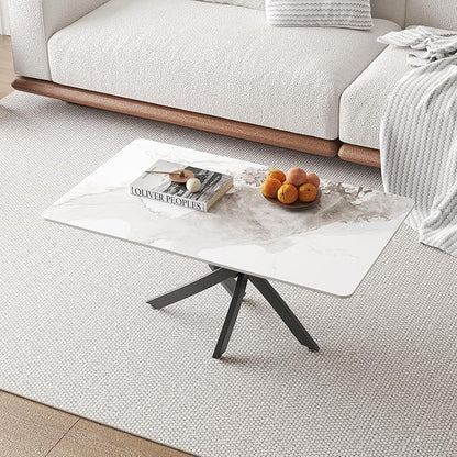 White Marble Coffee Table with Metal Legs, Rectangle Modern Sintered Stone Living Room Table for Home Office Living Room (40” x 20” x 17”)