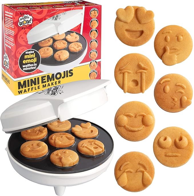 Mini Emojis Waffle Maker for Special Breakfast- Make 7 Unique Smiley Face Waffles Pancakes- Electric Non Stick Iron Feat Kiss Face Heart Eyes & Smile with Recipes, Gift for Her Kids- Licensed by Emoji
