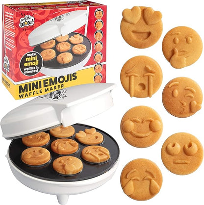 Mini Emojis Waffle Maker for Special Breakfast- Make 7 Unique Smiley Face Waffles Pancakes- Electric Non Stick Iron Feat Kiss Face Heart Eyes & Smile with Recipes, Gift for Her Kids- Licensed by Emoji