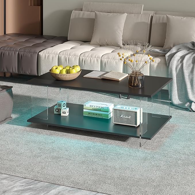 43" Acrylic Coffee Table with Black Wood Top, Minimalist Stylish Modern Rectangular Center Tables for Living Room, Led Living Room Table with Storage Shelf & Acrylic Frame for Small Space