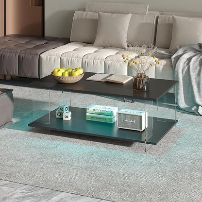 43" Acrylic Coffee Table with Black Wood Top, Minimalist Stylish Modern Rectangular Center Tables for Living Room, Led Living Room Table with Storage Shelf & Acrylic Frame for Small Space