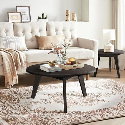 23.6" Coffee Table Mid Century Modern Farmhouse Round Nesting Stacking, Vintage Rustic Solid Wood, Black Accent Coffee Table for Living Room, Bedroom & Office, Espresso