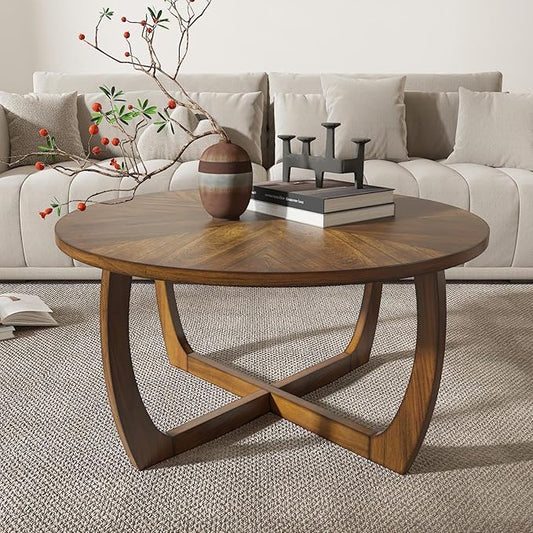 LEEMTORIG Round Wood Coffee Table, Mid Century Modern Round Walnut Coffee Tables for Living Room, 33.5" Dia. Circle Drum Coffee Table with Cross Legs, Easy Assembly, Brown Walnut KFZ-3223