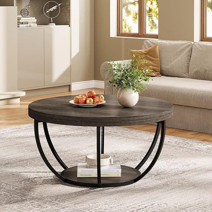 Tribesigns Round Coffee Table, 31.7" Wooden 2-Tier Circle Coffee Table with Storage Shelves, Modern Accent Cocktail Table Center Table for Living Room, Grey