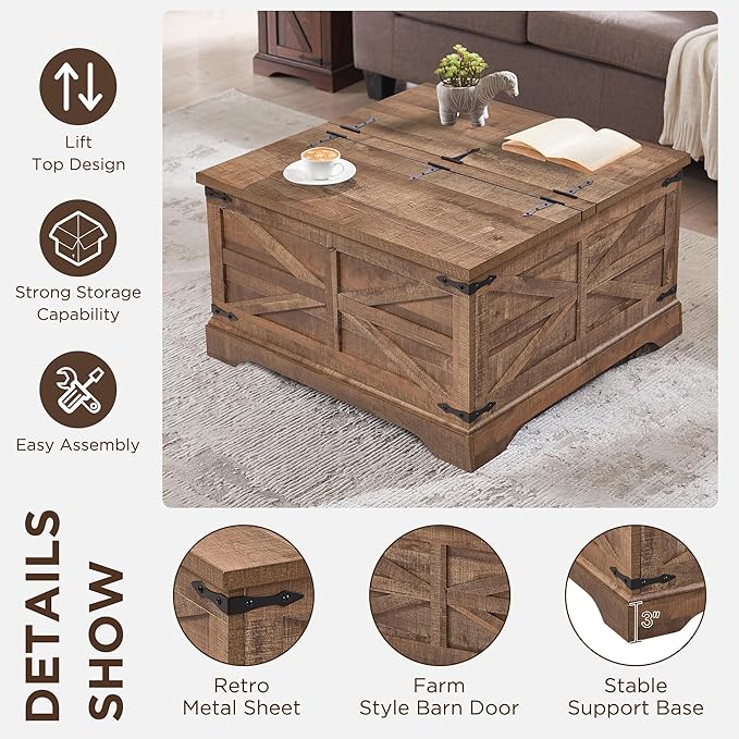 JXQTLINGMU Farmhouse Lift Top Coffee Table with Storage, 36" Wood Square Center Table with Large Hidden Compartment, Rustic Lift Tabletop Dining Table for Home Living Room, Light Brown