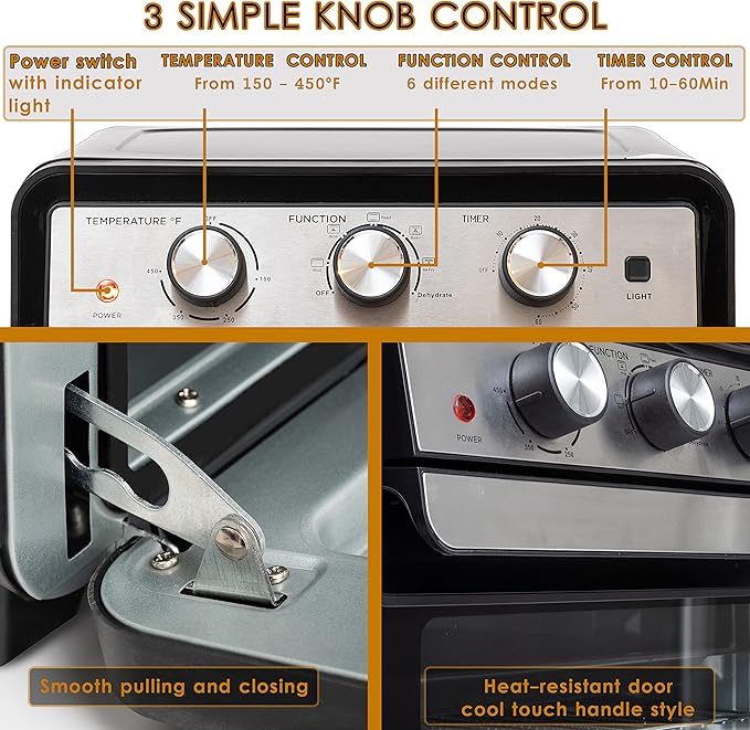 Moss & Stone Air Fryer Oven, 6-in-1 Toaster Oven 23 Quart, Airfryer Toaster Oven For Roast, Bake, Broil, Stainless Steel Accessories Included, Black Convection Oven Countertop.