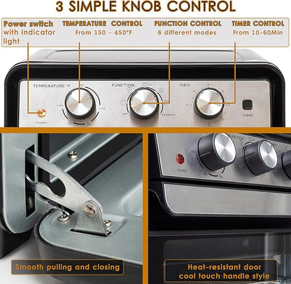 Moss & Stone Air Fryer Oven, 6-in-1 Toaster Oven 23 Quart, Airfryer Toaster Oven For Roast, Bake, Broil, Stainless Steel Accessories Included, Black Convection Oven Countertop.