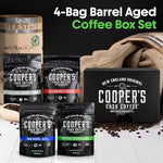 Load image into Gallery viewer, Bourbon &amp; Whiskey Barrel Aged Coffee Box Set with Four Whole Bean Single Origin Coffees (Colombia, Sumatra, Ethiopia, Rwanda) Premium Small-Batch Gourmet Roasted Coffee Gift (Pack or 4)