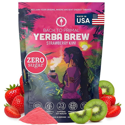 Yerba Mate Instant Tea Powder - Strawberry Kiwi, 4-in-1 Functional Blend, Supports Energy, Focus and Gut Health - Nootropic, Prebiotic & Probiotic Mix with Vitamin B3, B6 & B12 | 30 Servings