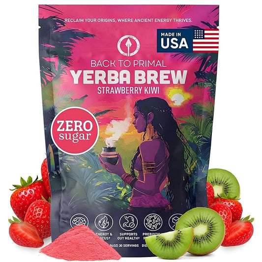 Yerba Mate Instant Tea Powder - Strawberry Kiwi, 4-in-1 Functional Blend, Supports Energy, Focus and Gut Health - Nootropic, Prebiotic & Probiotic Mix with Vitamin B3, B6 & B12 | 30 Servings