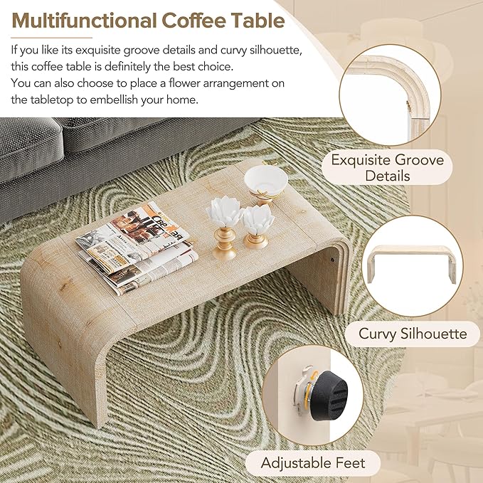 Bellemave Modern Coffee Table with Curved Art Deco Design Center Sofa Table Minimalist Cocktail Wooden Table for Living Room, Natural Wood Wash