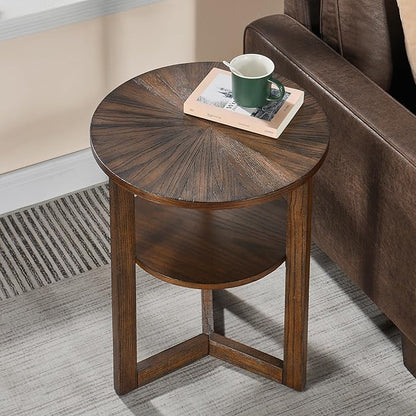 PADMA HOUSE 19.3" Round Wood End Table, 2-Tier Solid Wood Rounded Accent Side Table Circle Nightstand Table with Storage Shelf Vintage Furniture for Home Living Room Bedroom,Rustic Brown 3338NC